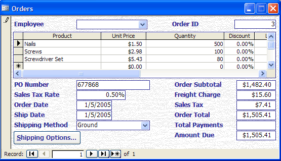 Microsoft Access Database Order Sample Form